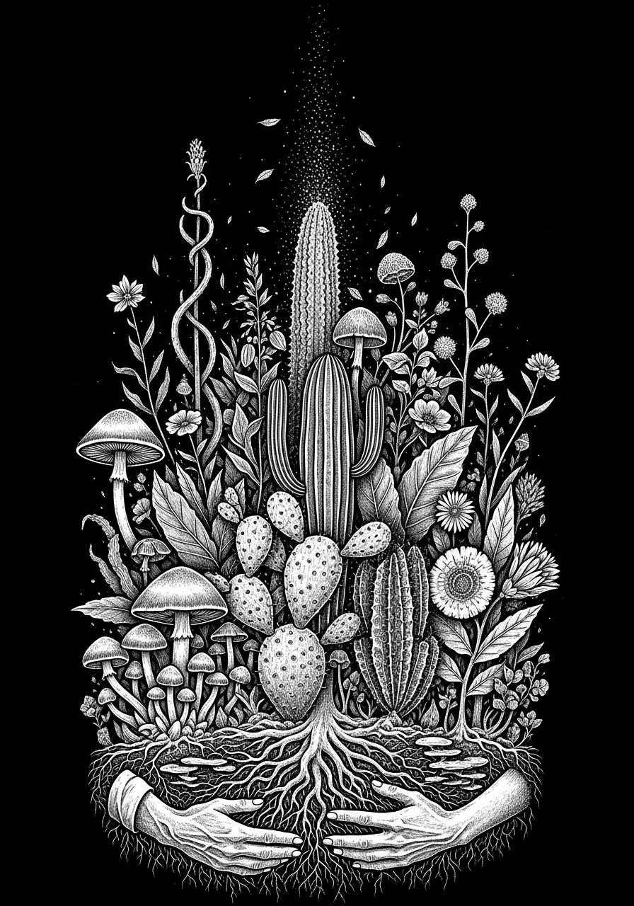 Sacred plants and human hands in reverence