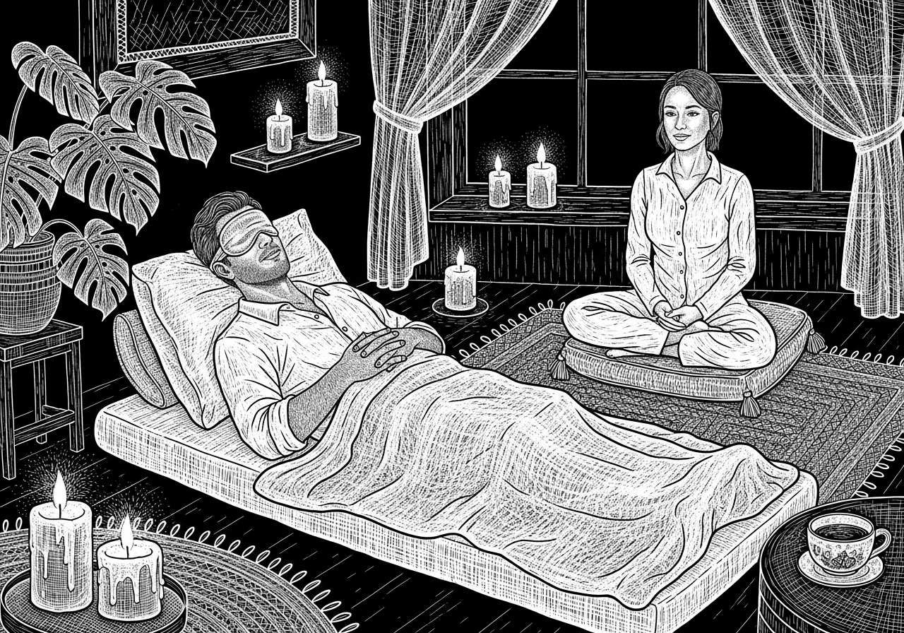 A client resting with an eye mask during a psilocybin session, facilitator present beside them