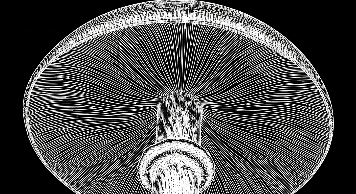 Extreme close-up of Psilocybe cubensis gill structure from beneath the cap