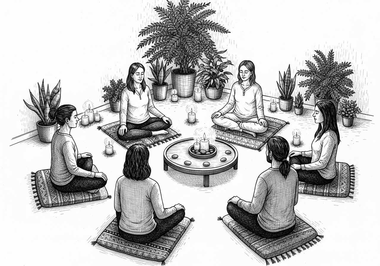 Facilitator training practicum, students and experienced facilitators in a healing room